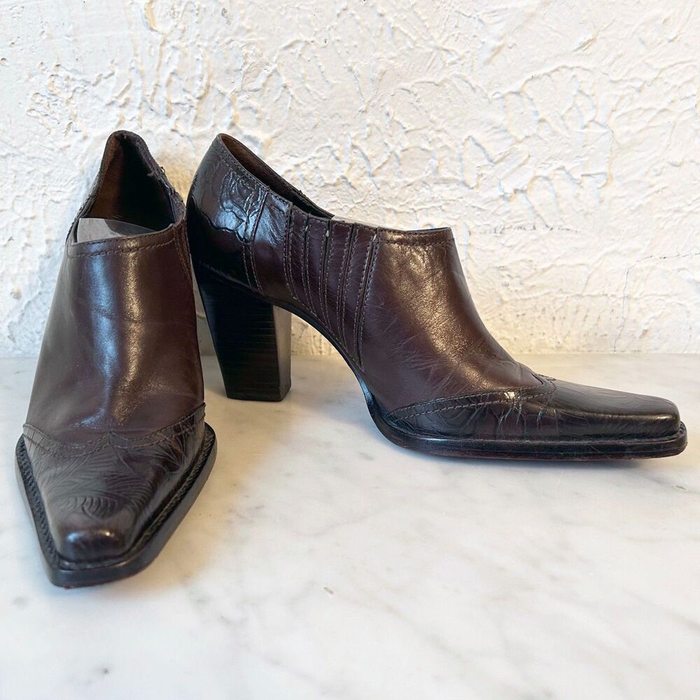 Antonio Melani Western Ankle Booties Size 6 Brown Embossed Leather Square Toe